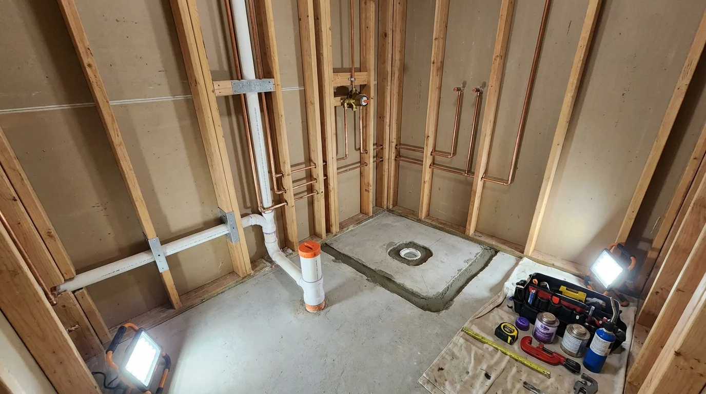 Bathroom rough-in plumbing during remodel by Johns Plumbing LLC in Placitas