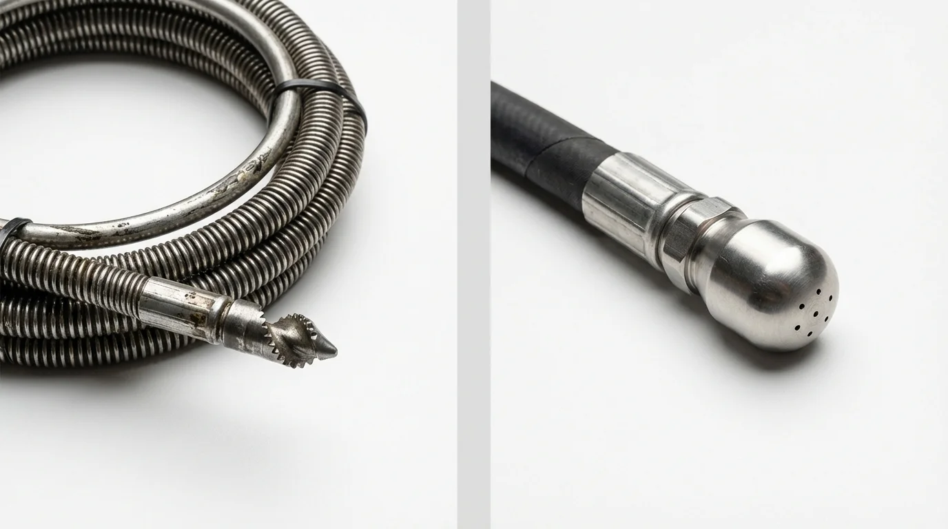 Drain snake cable and hydro jetting nozzle used for drain cleaning in Placitas, NM