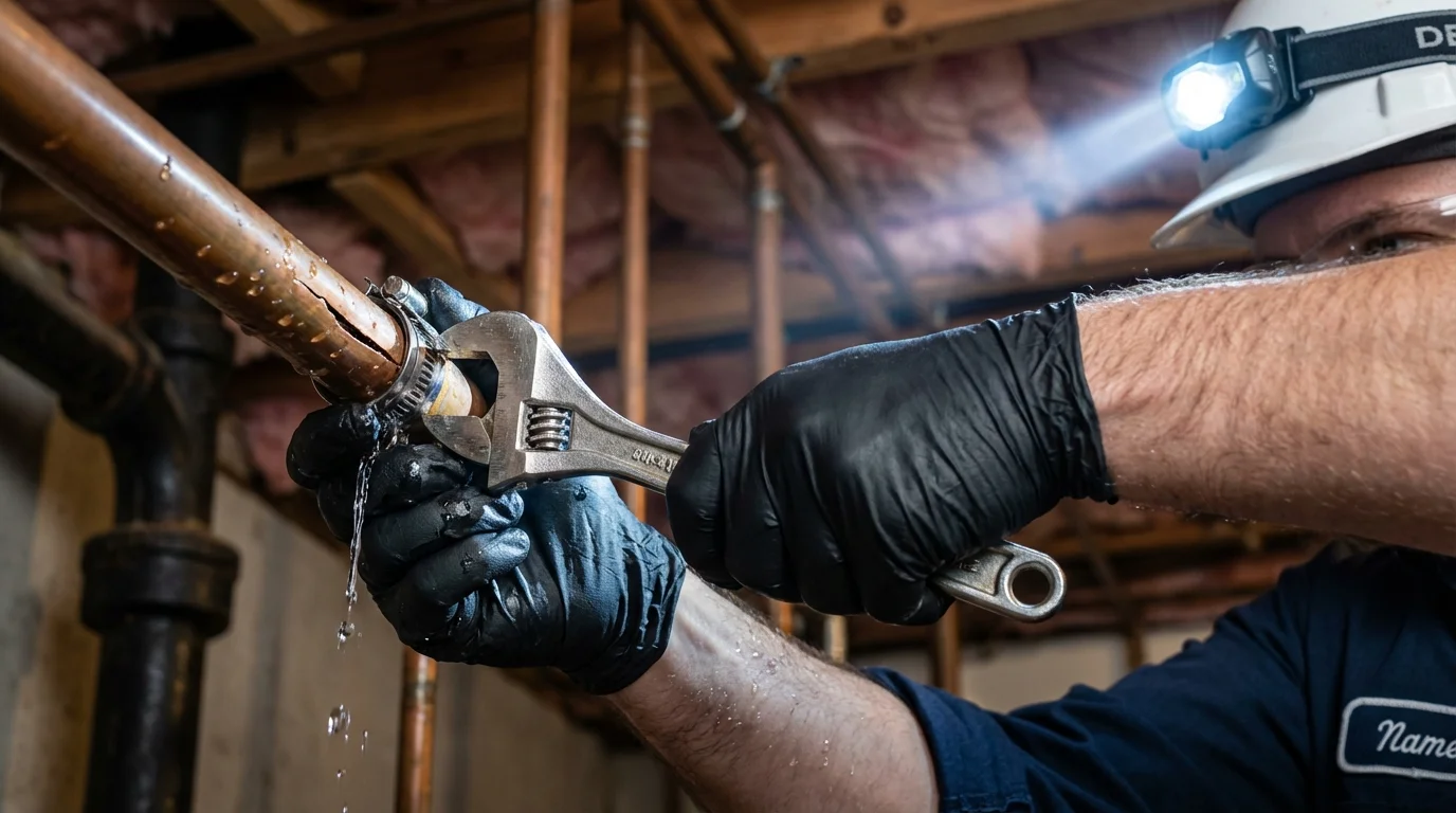 Emergency pipe clamp repair being performed by a Johns Plumbing LLC plumber in Placitas