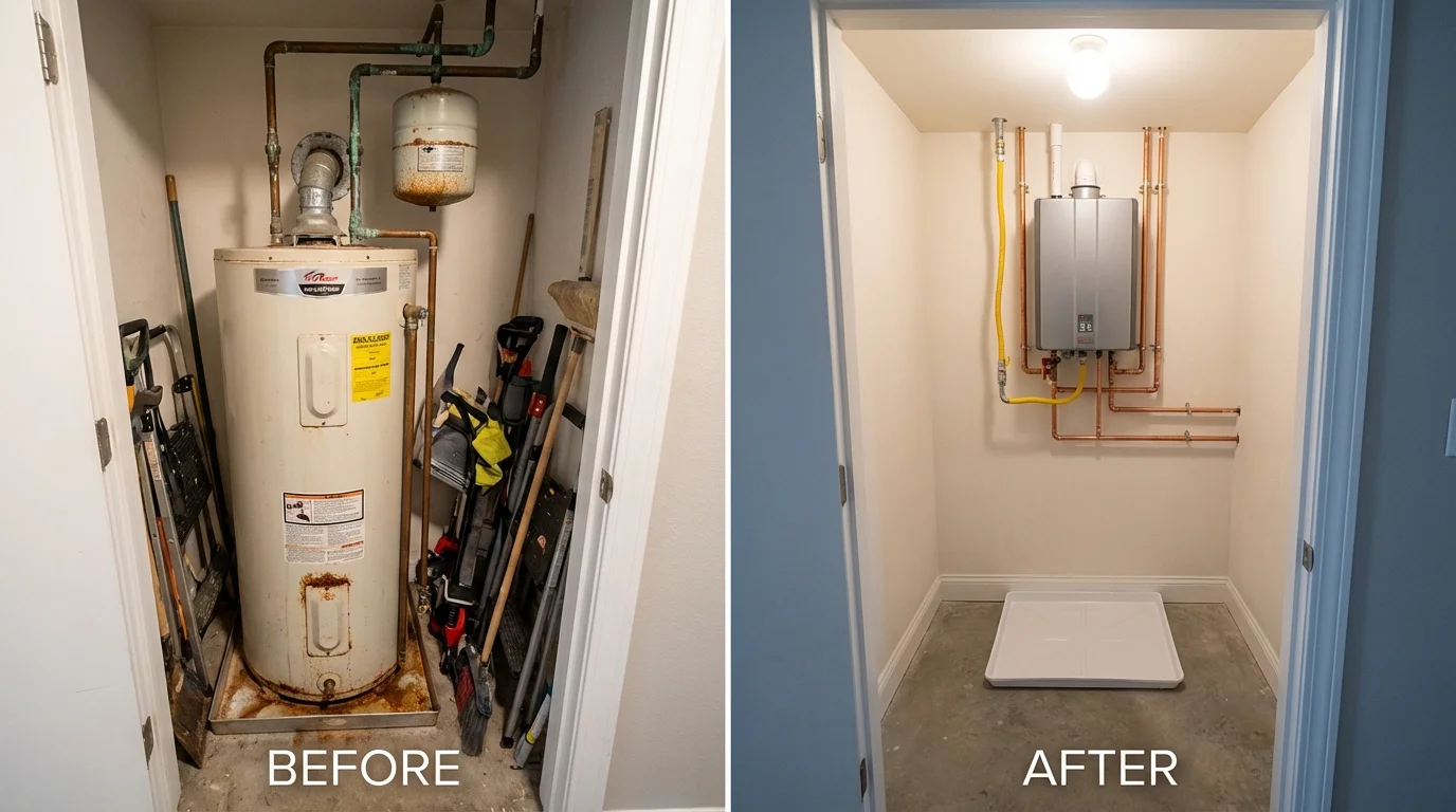 Tank water heater versus wall-mounted tankless unit comparison for Placitas, NM homeowners
