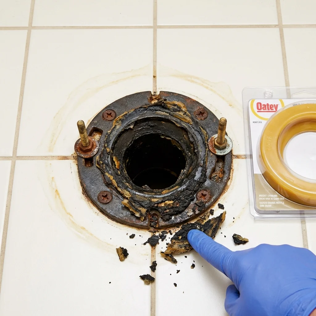 Failed wax ring showing water seepage at the base of a toilet in a Placitas, NM home