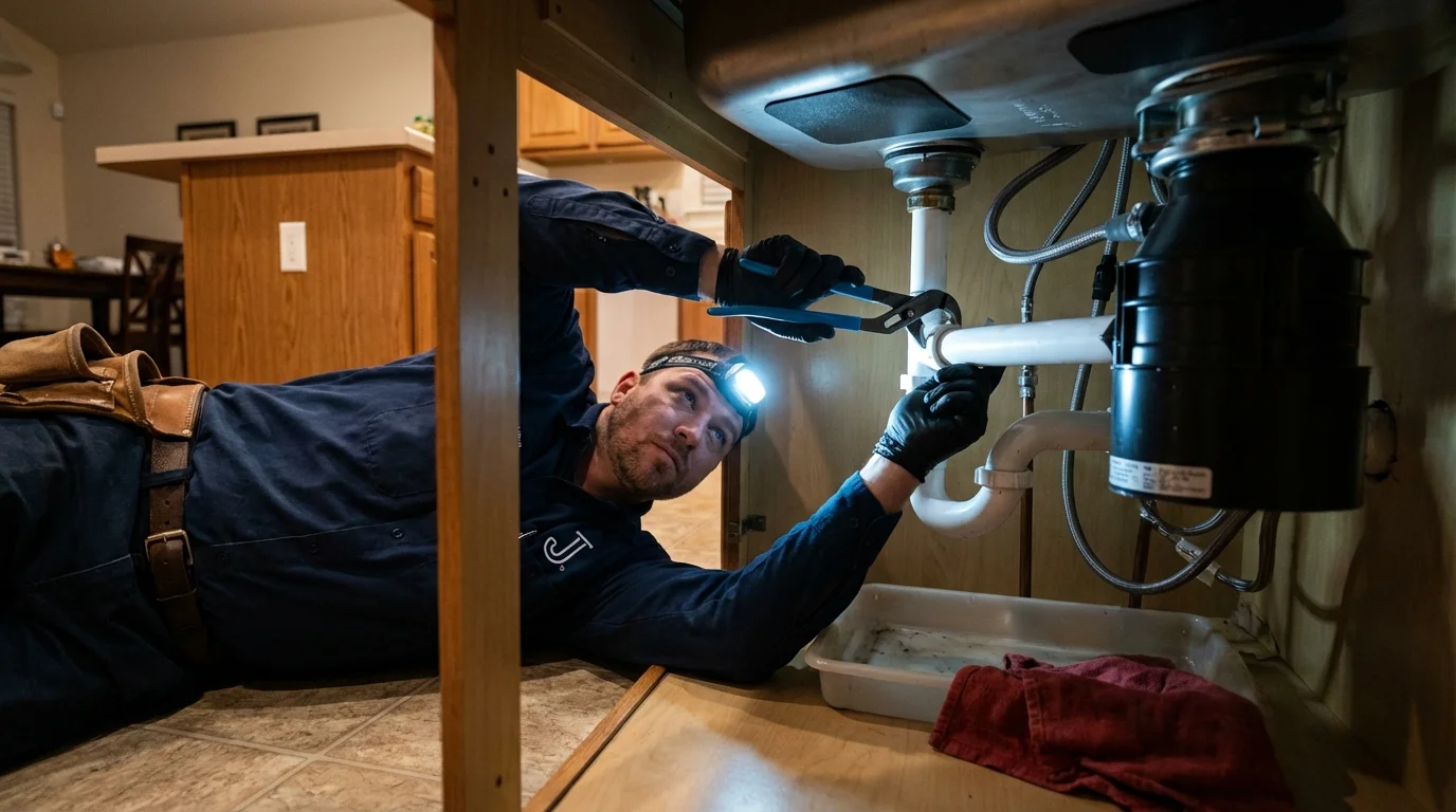P-trap and supply line connections under a kitchen sink showing a common leak point in Placitas, NM
